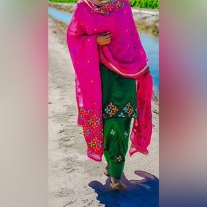 Bottle Green Thread work with Phulkari Suit